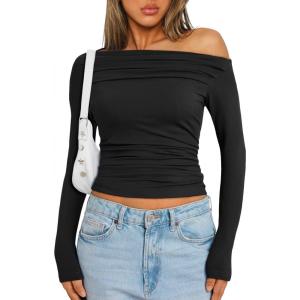 imageTrendy Queen Womens Off The Shoulder Ruched Crop Tops Long Sleeve Shirts Going Out Y2k Fall Winter Clothes Black M