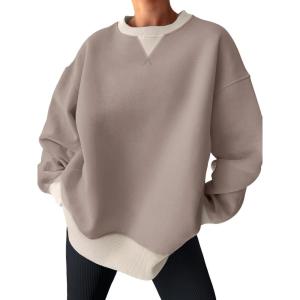 imageTrendy Queen Womens Oversized Color Block Fleeced Crewneck SweatshirtCoffee Grey