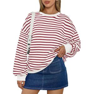 imageTrendy Queen Womens Oversized Crewneck Striped SweatshirtStriped Red