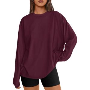 imageTrendy Queen Womens Oversized Long Sleeve T Shirts 2025 Basic Crewneck Tee Fall Tops Casual Workout Y2K ClothesBurgundy