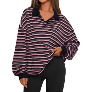 imageTrendy Queen Womens Oversized Striped Polo SweatshirtBlack Rugby Combo