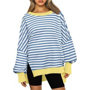 imageTrendy Queen Womens Oversized Sweatshirts Hoodies Crewneck Shirts Fall Outfits Teen Girls Y2k Winter ClothesStripedblue