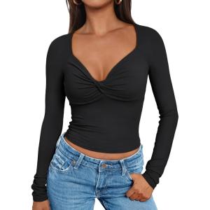 imageTrendy Queen Womens Twisted Knot Long Sleeve T Shirts V Neck Basic Tee Cute Slim Tight Going Out Y2k Crop Fall Fashion TopsBlack