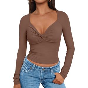 imageTrendy Queen Womens Twisted Knot Long Sleeve T Shirts V Neck Basic Tee Cute Slim Tight Going Out Y2k Crop Fall Fashion TopsBrown