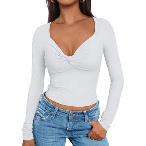 imageTrendy Queen Womens Twisted Knot Long Sleeve T Shirts V Neck Basic Tee Cute Slim Tight Going Out Y2k Crop Fall Fashion TopsWhite