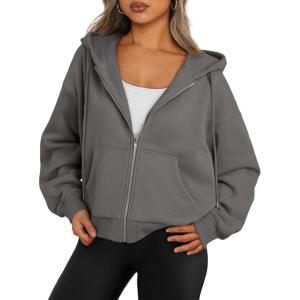 imageTrendy Queen Zip Up Hoodies For Women Cropped Sweatshirts Fall Fashion Outfits 2025 Y2k Fleece Teen Girls ClothesDark Grey