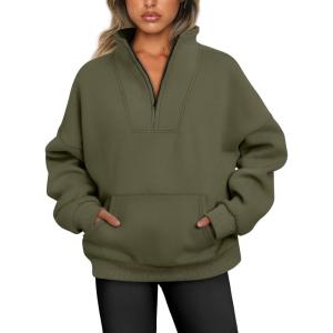 imageTrendy Queen Sweatshirts Half Zip Pullover Quarter Zip Oversized Hoodies Sweaters Comfy Fall Outfits 2025 Y2K Winter ClothesArmy Green
