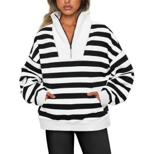 imageTrendy Queen Sweatshirts Half Zip Pullover Quarter Zip Oversized Hoodies Sweaters Comfy Fall Outfits 2025 Y2K Winter ClothesBlack and White
