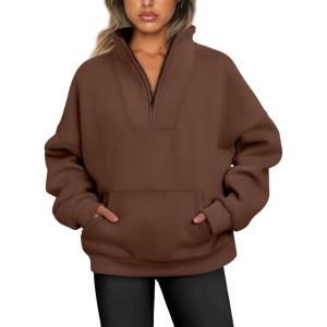 imageTrendy Queen Sweatshirts Half Zip Pullover Quarter Zip Oversized Hoodies Sweaters Comfy Fall Outfits 2025 Y2K Winter ClothesBrown