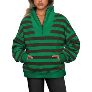 imageTrendy Queen Sweatshirts Half Zip Pullover Quarter Zip Oversized Hoodies Sweaters Comfy Fall Outfits 2025 Y2K Winter ClothesCoffee and Green