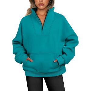 imageTrendy Queen Sweatshirts Half Zip Pullover Quarter Zip Oversized Hoodies Sweaters Comfy Fall Outfits 2025 Y2K Winter ClothesGreenblue