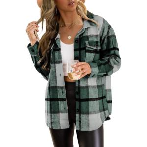 imageTrendy Queen Womens Flannel Shacket Casual Jacket Plaid Button Down Long Sleeve Shirt Fall Winter OutfitsGreen