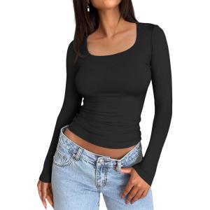 imageTrendy Queen Womens Long Sleeve Shirts Crop Tops Basic Tight Slim Fit Y2K T Shirts Winter Clothes 2024Black