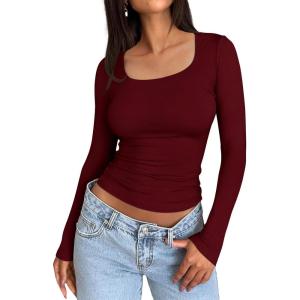 imageTrendy Queen Womens Long Sleeve Shirts Crop Tops Basic Tight Slim Fit Y2K T Shirts Winter Clothes 2024Burgundy