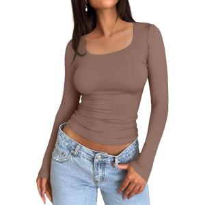 imageTrendy Queen Womens Long Sleeve Shirts Crop Tops Basic Tight Slim Fit Y2K T Shirts Winter Clothes 2024Coffee Grey