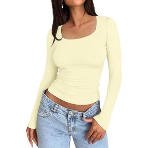 imageTrendy Queen Womens Long Sleeve Shirts Crop Tops Basic Tight Slim Fit Y2K T Shirts Winter Clothes 2024Lemon Yellow