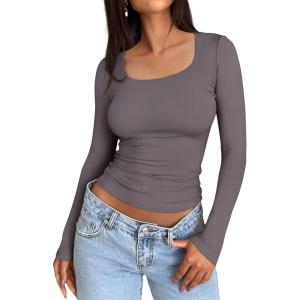 imageTrendy Queen Womens Long Sleeve Shirts Crop Tops Basic Tight Slim Fit Y2K T Shirts Winter Clothes 2024Light Gray
