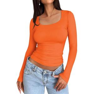 imageTrendy Queen Womens Long Sleeve Shirts Crop Tops Basic Tight Slim Fit Y2K T Shirts Winter Clothes 2024Orange