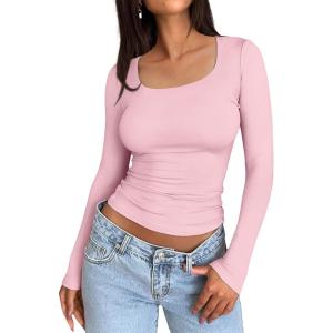 imageTrendy Queen Womens Long Sleeve Shirts Crop Tops Basic Tight Slim Fit Y2K T Shirts Winter Clothes 2024Pink