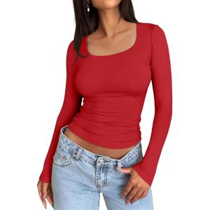 imageTrendy Queen Womens Long Sleeve Shirts Crop Tops Basic Tight Slim Fit Y2K T Shirts Winter Clothes 2024Red