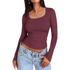 imageTrendy Queen Womens Long Sleeve Shirts Crop Tops Basic Tight Slim Fit Y2K T Shirts Winter Clothes 2024Wine Red