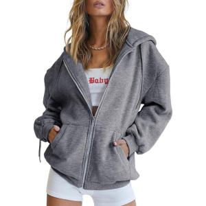 imageTrendy Queen Womens Zip Up Hoodies Oversized Sweatshirts Fall Fashion Outfits Sweaters Casual Jackets 2025 Winter ClothesDark Grey