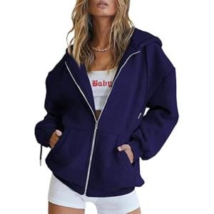 imageTrendy Queen Womens Zip Up Hoodies Oversized Sweatshirts Fall Fashion Outfits Sweaters Casual Jackets 2025 Winter ClothesNavy Blue