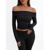imageTrendy Queen 2 Piece Outfits for Women Going Out Y2K Two Piece Matching Sets Sexy Off Shoulder Crop Tops and Fold Over Yoga Pants Workout Fall Fashion Clothes 2024 Black Medium