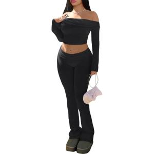 imageTrendy Queen 2 Piece Outfits for Women Going Out Y2K Two Piece Matching Sets Sexy Off Shoulder Crop Tops and Fold Over Yoga Pants Workout Fall Fashion Clothes 2024 Black Medium