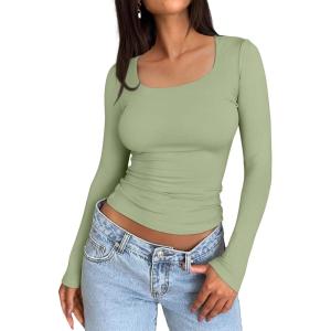 imageTrendy Queen Womens Long Sleeve Shirts Crop Tops Square Neck Going Out Basics Tees Y2K Winter Clothes 2025Light Green
