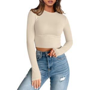 imageTrendy Queen Womens Long Sleeve Crop Tops Basic Slim Fitted Shirts Fashion 2025 Going Out Y2k Tops Teen Girl ClothesApricot