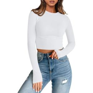 imageTrendy Queen Womens Long Sleeve Crop Tops Basic Slim Fitted Shirts Fashion 2025 Going Out Y2k Tops Teen Girl ClothesWhite
