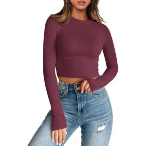 imageTrendy Queen Womens Long Sleeve Crop Tops Basic Slim Fitted Shirts Fashion 2025 Going Out Y2k Tops Teen Girl ClothesWine Red