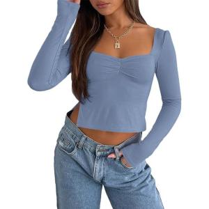 imageTrendy Queen Womens Long Sleeve Going Out Crop Tops Sweetheart Neck Cute Y2k T Shirts Side Slit TeesBlue