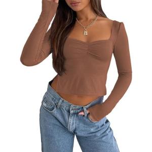 imageTrendy Queen Womens Long Sleeve Going Out Crop Tops Sweetheart Neck Cute Y2k T Shirts Side Slit TeesBrown
