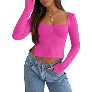 imageTrendy Queen Womens Long Sleeve Going Out Crop Tops Sweetheart Neck Cute Y2k T Shirts Side Slit TeesHotpink
