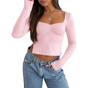 imageTrendy Queen Womens Long Sleeve Going Out Crop Tops Sweetheart Neck Cute Y2k T Shirts Side Slit TeesPink