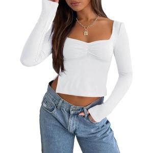 imageTrendy Queen Womens Long Sleeve Going Out Crop Tops Sweetheart Neck Cute Y2k T Shirts Side Slit TeesWhite