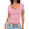 imageTrendy Queen Womens Tshirts Scoop Neck Ribbed Knit Going Out Crop Basic Spring Summer Outfits Tops Fashion ClothesPink