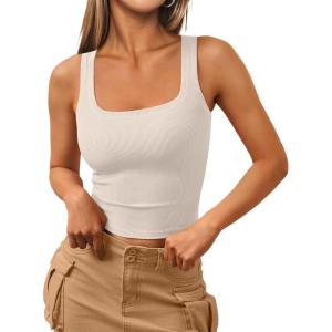 imageTrendy Queen Womens Square Neck Tank Tops Workout Cropped Ribbed Summer Camisole Sleeveless ClothesApricot