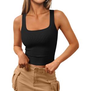 imageTrendy Queen Womens Square Neck Tank Tops Workout Cropped Ribbed Summer Camisole Sleeveless ClothesBlack