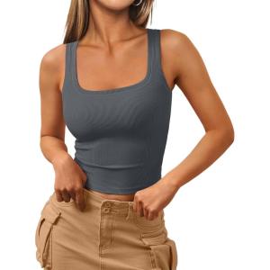 imageTrendy Queen Womens Square Neck Tank Tops Workout Cropped Ribbed Summer Camisole Sleeveless ClothesBlackgrey