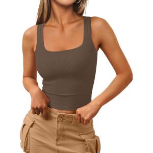 imageTrendy Queen Womens Square Neck Tank Tops Workout Cropped Ribbed Summer Camisole Sleeveless ClothesCoffee