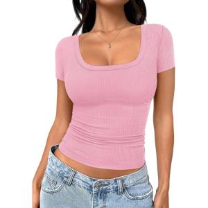 imageTrendy Queen Womens Tshirts Scoop Neck Ribbed Knit Going Out Crop Basic Spring Summer Outfits Tops Fashion ClothesPink