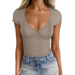 imageTrendy Queen Womens V Neck TShirts Going Out Tops Short Sleeve Slim Fit Basic Y2K Clothes 2025Beige