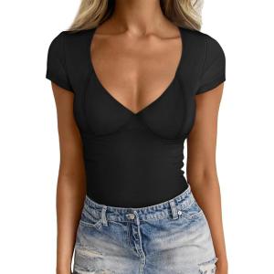 imageTrendy Queen Womens V Neck TShirts Going Out Tops Short Sleeve Slim Fit Basic Y2K Clothes 2025Black