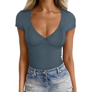 imageTrendy Queen Womens V Neck TShirts Going Out Tops Short Sleeve Slim Fit Basic Y2K Clothes 2025Haze Blue