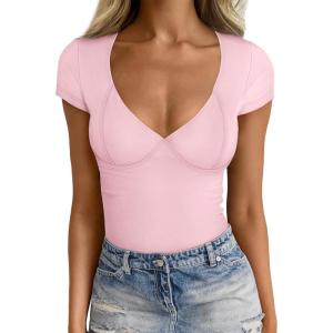 imageTrendy Queen Womens V Neck TShirts Going Out Tops Short Sleeve Slim Fit Basic Y2K Clothes 2025Pink