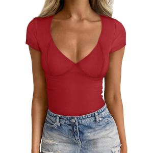 imageTrendy Queen Womens V Neck TShirts Going Out Tops Short Sleeve Slim Fit Basic Y2K Clothes 2025Red