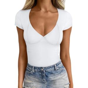 imageTrendy Queen Womens V Neck TShirts Going Out Tops Short Sleeve Slim Fit Basic Y2K Clothes 2025White